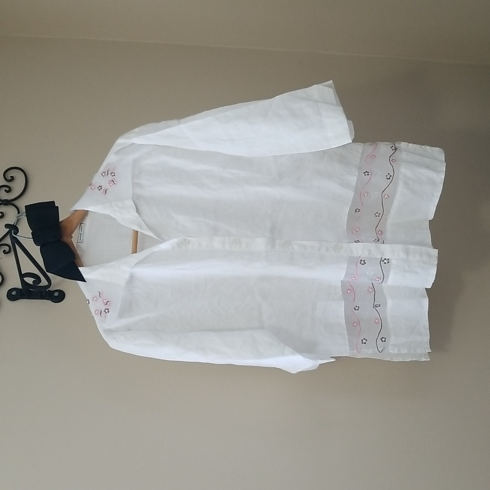 White Linen Embroidered Button-Up Top